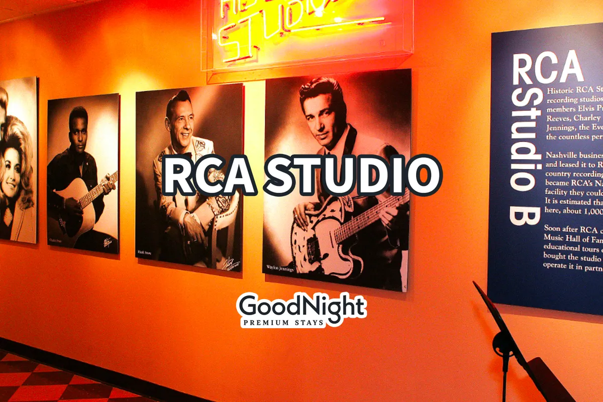 A museum-style display inside RCA Studio B, with vintage photographs of famous musicians, an illuminated 'RCA STUDIO' sign, and an informational plaque explaining the site’s history. Ambient lighting and iconic imagery evoke the city’s musical legacy.