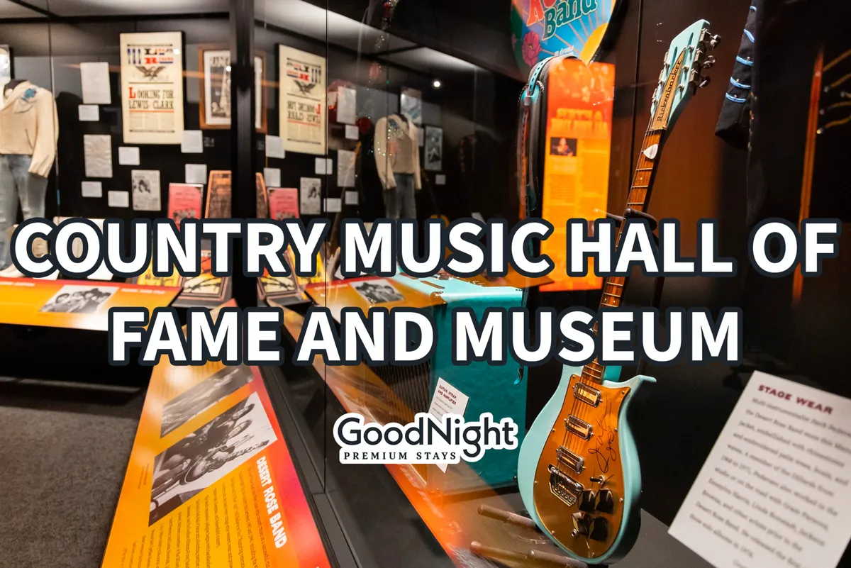 A rich display of vintage guitars, stage wear, and museum-style exhibits, capturing the atmosphere of exploring the Country Music Hall of Fame or Gruhn Guitars. The focus is on iconic memorabilia and the inspirational story of Nashville’s music legends.